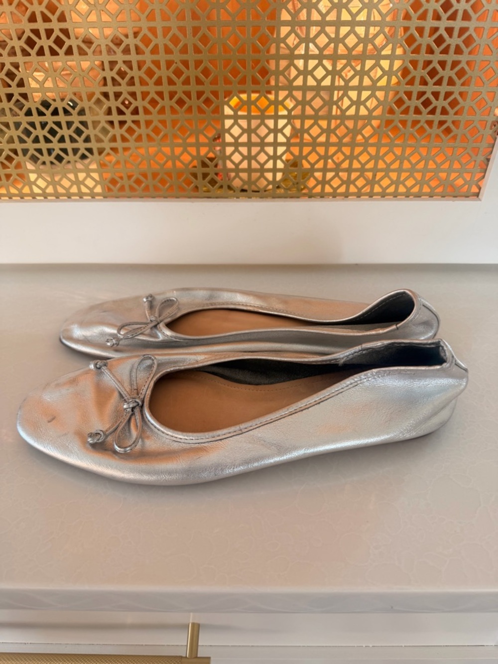 Silver Metallic Ballet Flats with Bow Detail - Picture 2 of 6
